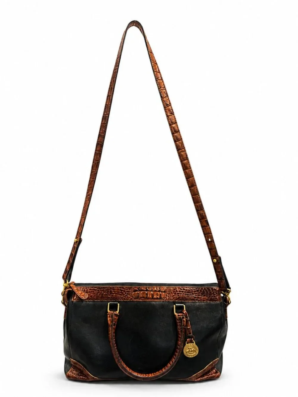 Brahmin Crandall Leather Satchel Black Brown Croc Embossed Doctor Bag Vintage